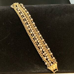 Vintage Gold Tone Chain With Rhinestones & Faux Pearl Bracelet